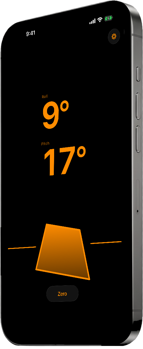 Lean showing a vehicle&rsquo;s roll and pitch on a black screen, with the angle in amber