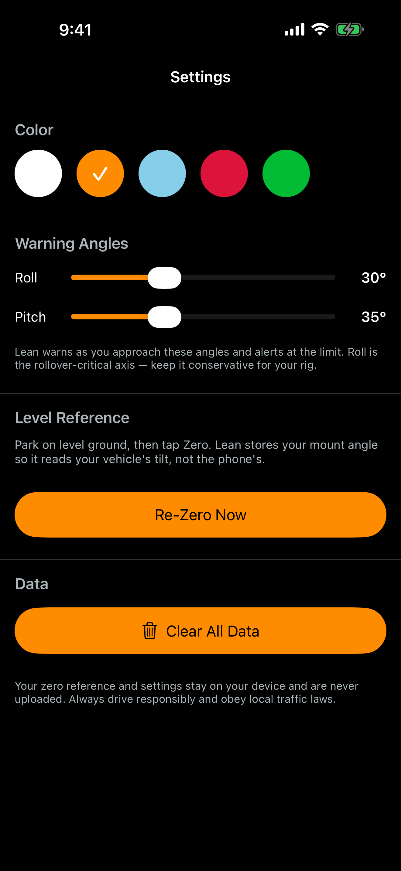 Lean's Settings â€” color themes, adjustable warning angles, and one-tap Zero