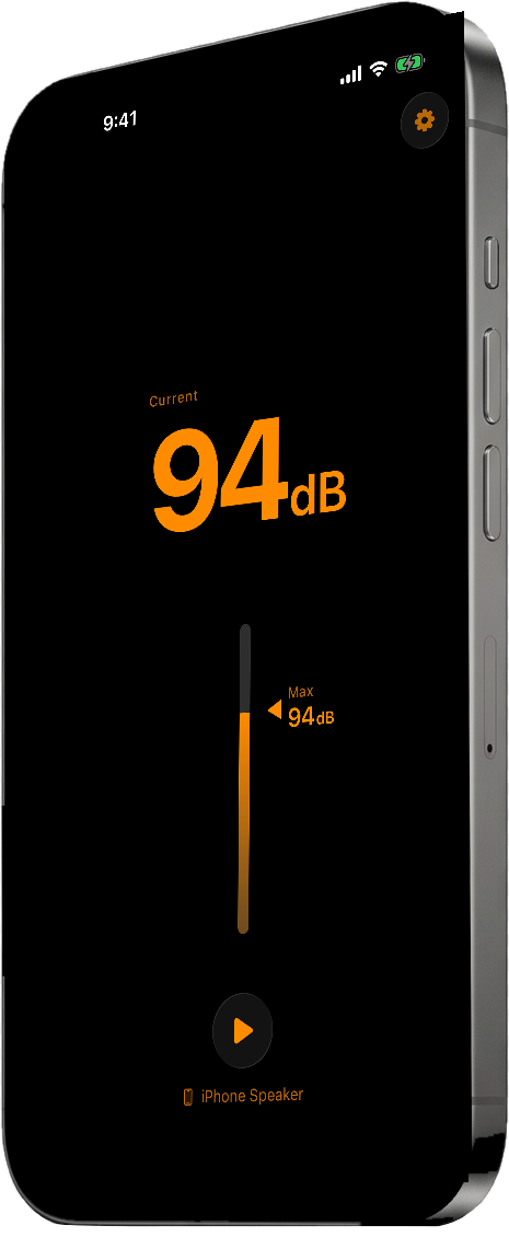 Level app showing a large current decibel reading over a vertical level meter on a black screen