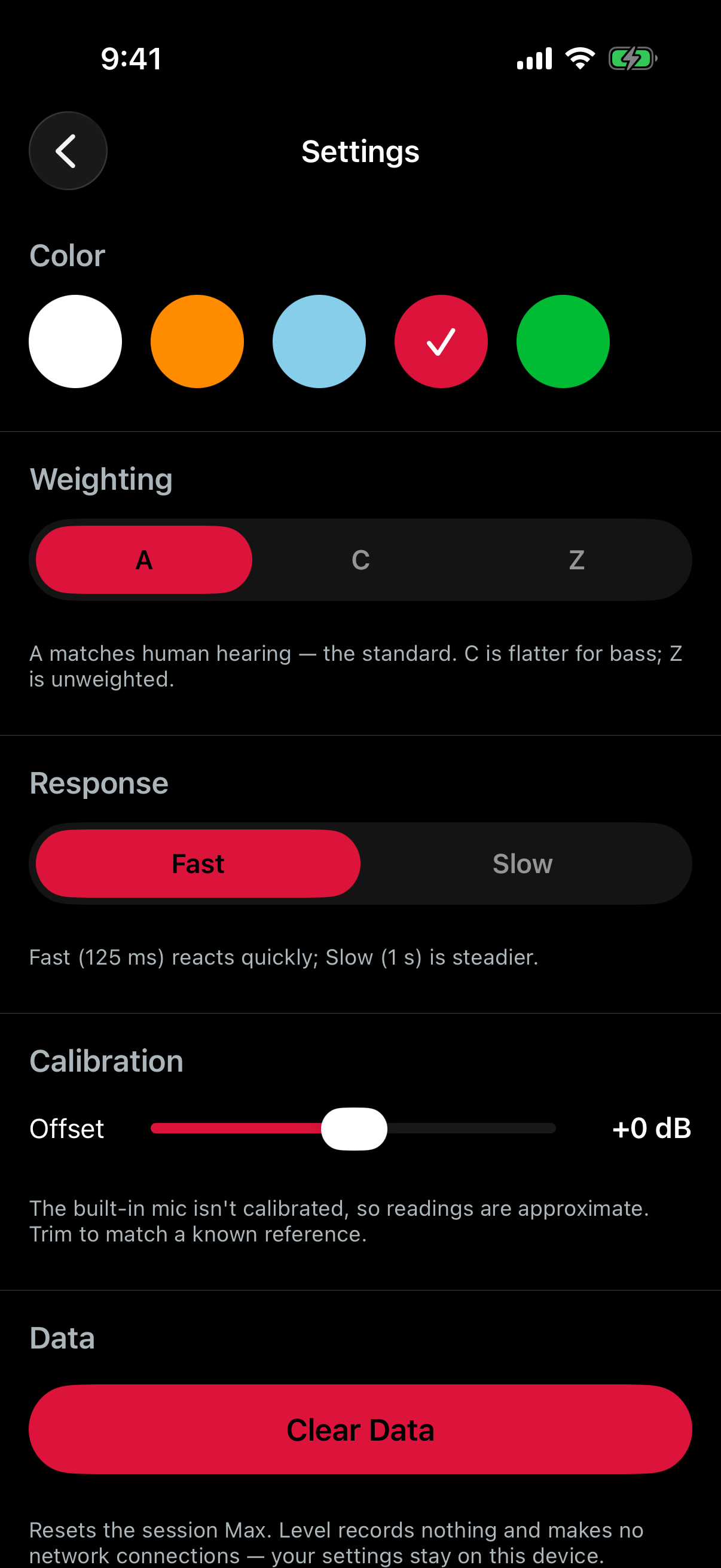 Level settings â€” weighting, response, calibration offset, and color themes