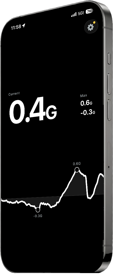 Pull app showing a live g-force reading on a black screen