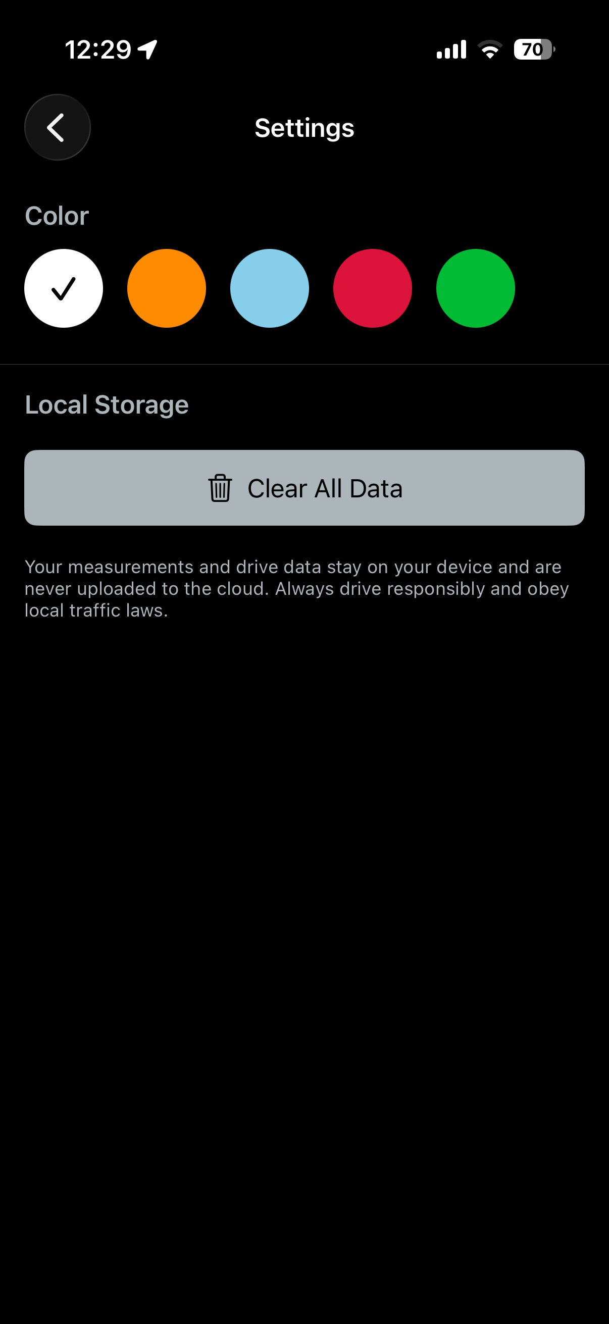 Settings screen with colorway picker and on-device data controls