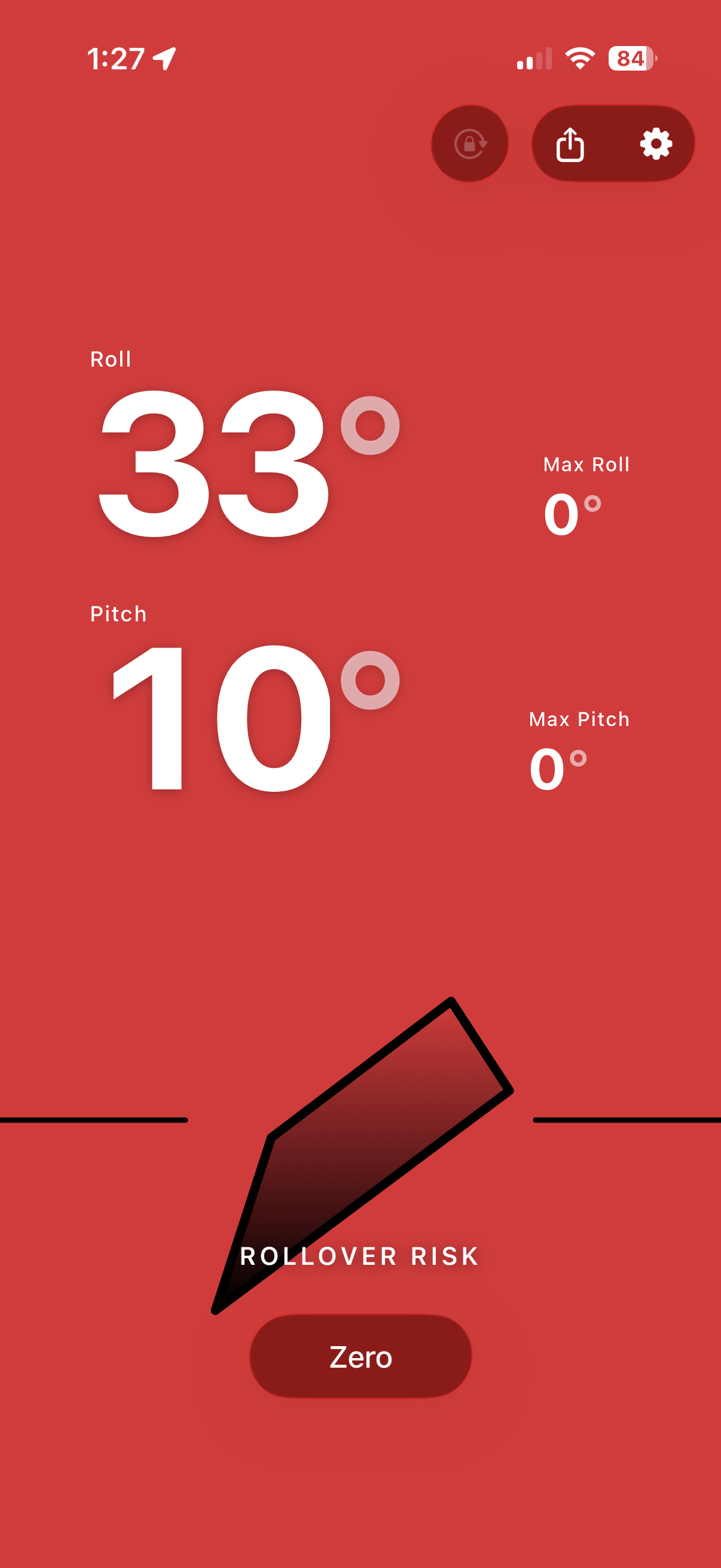 Rollover Risk &mdash; the screen flooded red at a steep angle