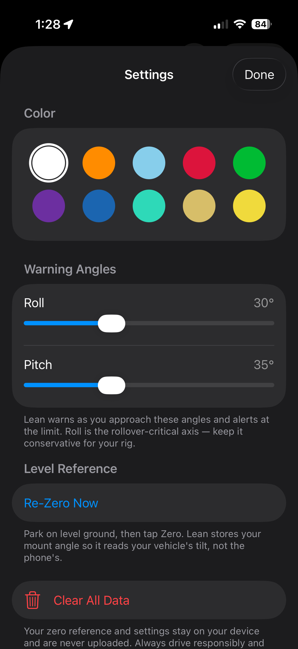 Lean's Settings sheet &mdash; color themes, warning angles, and one-tap Zero