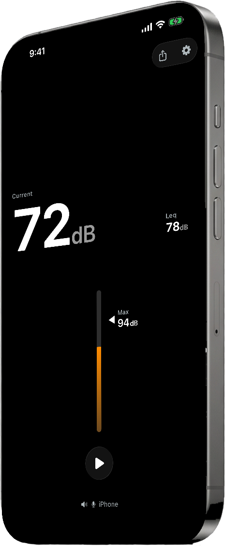Level app on an angled iPhone showing a live 72 dB reading with Leq and a held Max on the vertical meter
