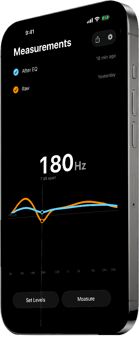 Sweep running on an iPhone — the Measurements screen showing a frequency-response curve