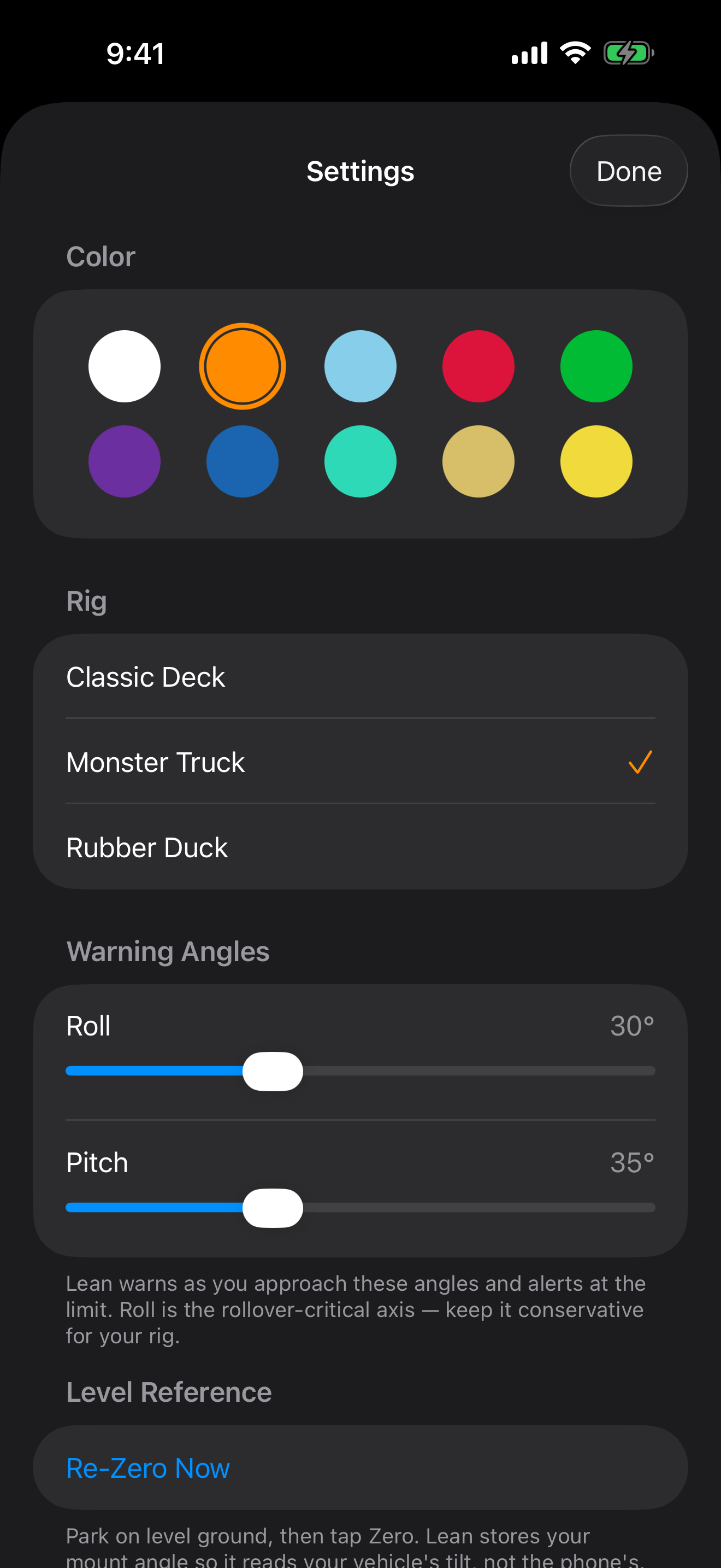 Lean's Settings sheet &mdash; color themes, rig picker, and warning angles