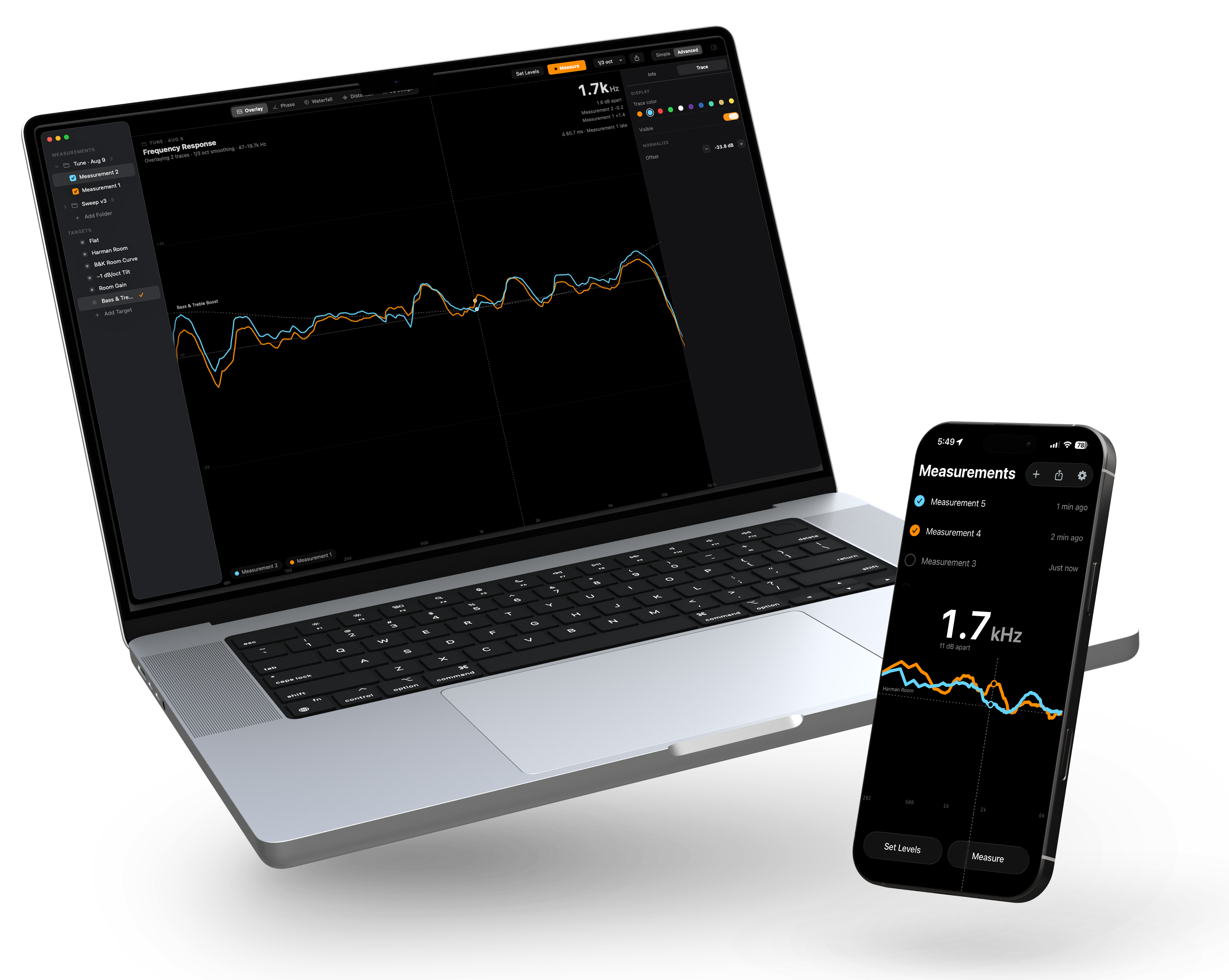 Sweep for Mac showing an overlay frequency response measurement against a Harman Room target, next to Sweep for iPhone showing a saved measurements list