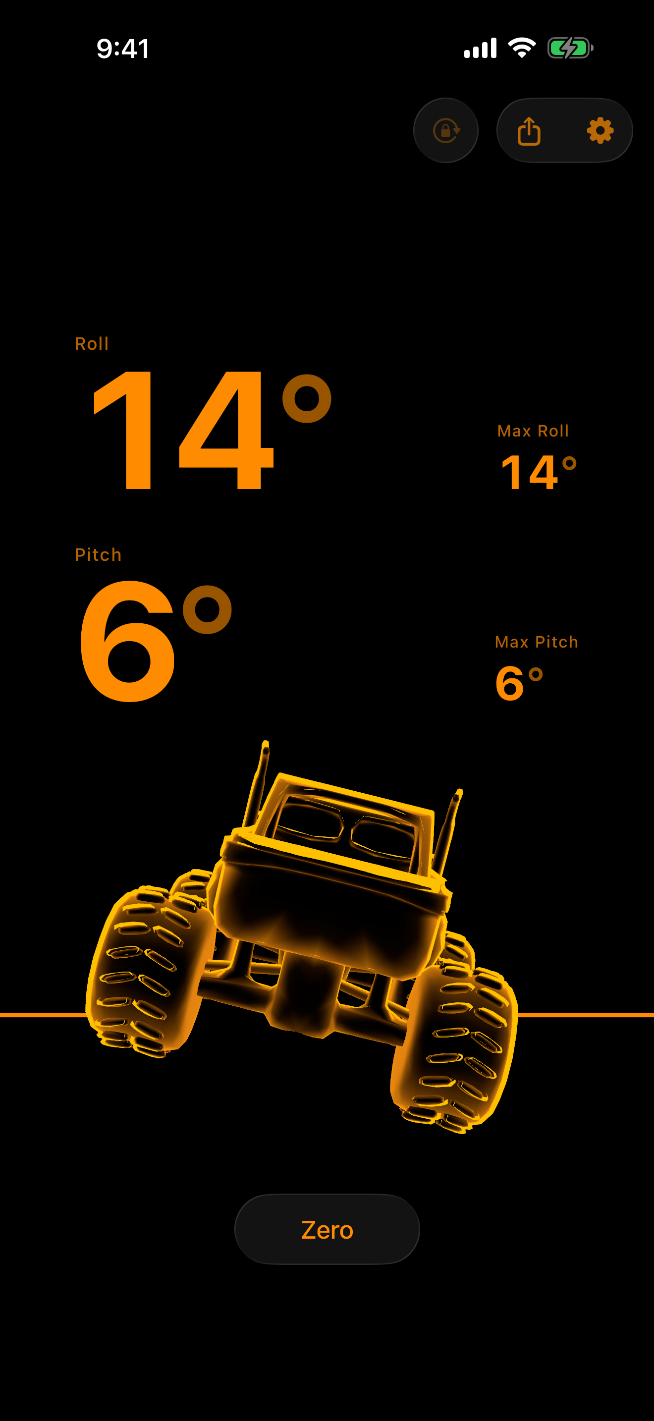 The Monster Truck rig &mdash; a live 3D wireframe that tilts with you, in the amber colorway