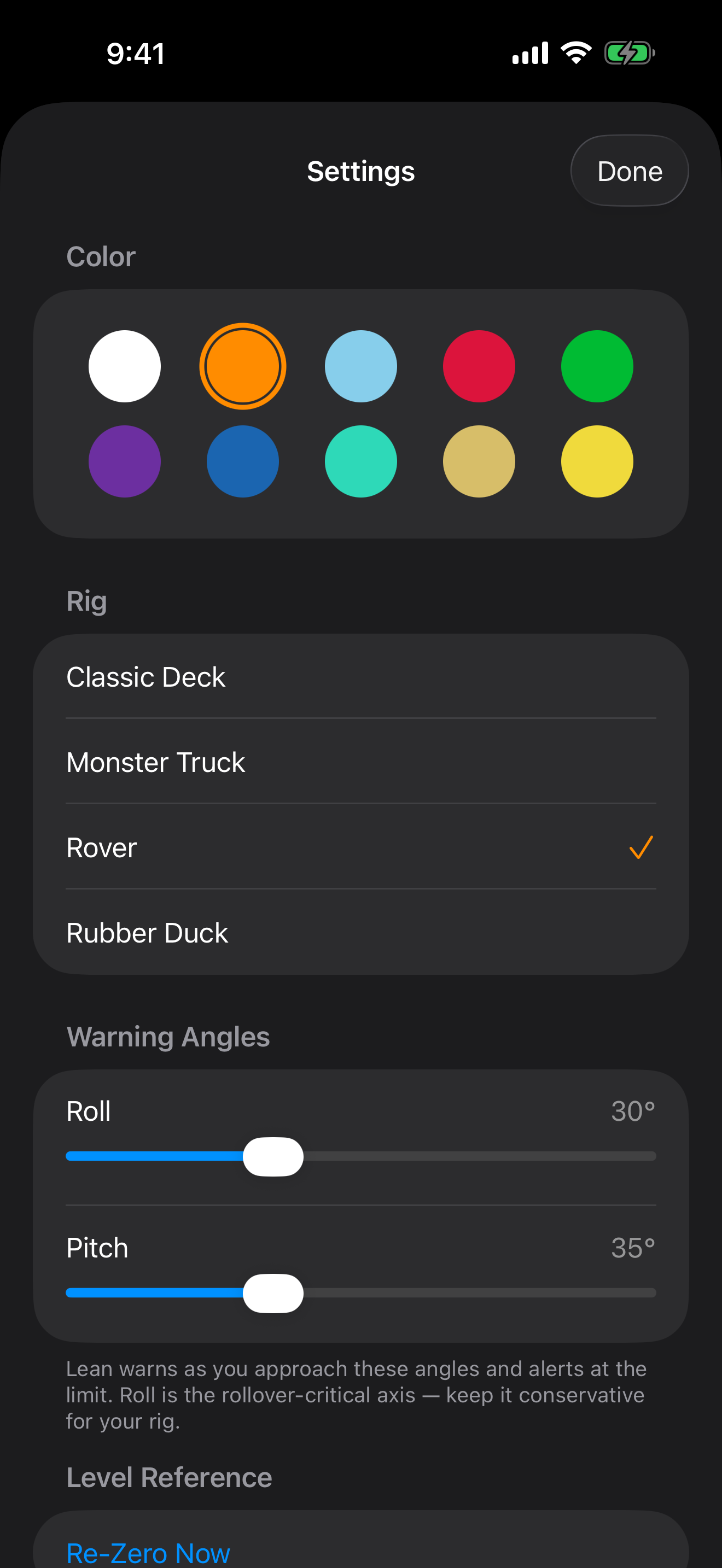 Lean's Settings sheet &mdash; color themes, rig picker, and warning angles
