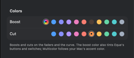 Eque Settings, the Colors section, with a non-default boost and cut color chosen