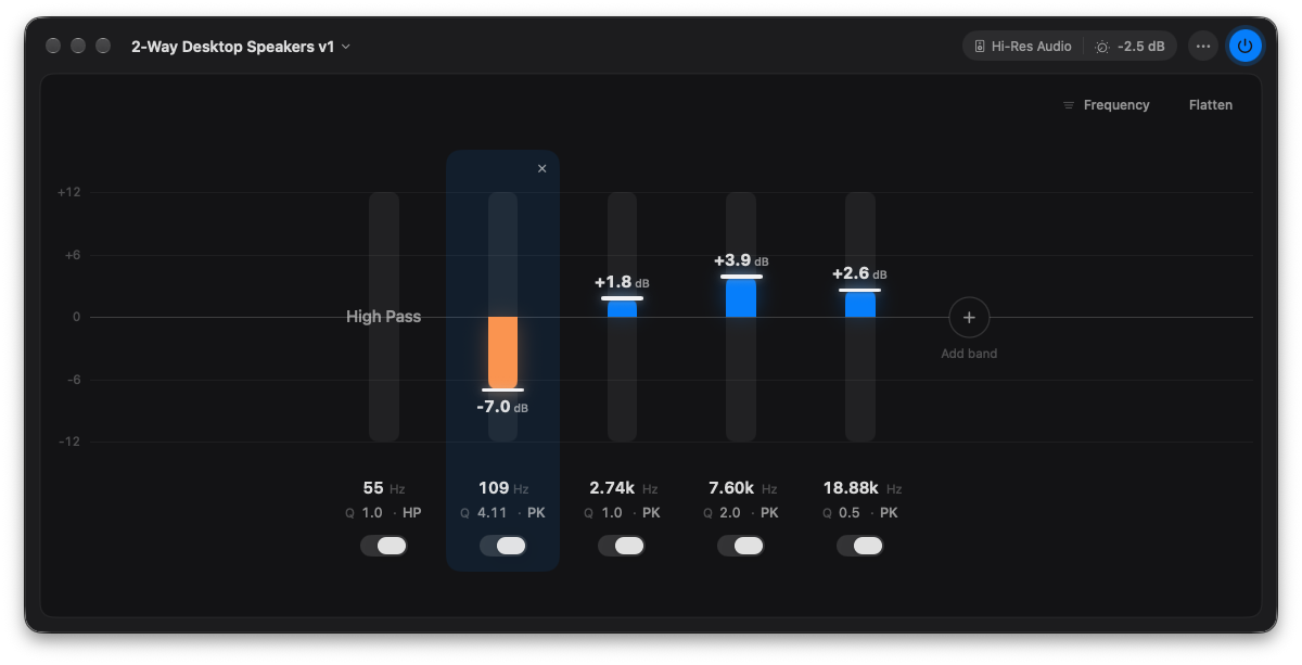 The Eque equalizer window on a headphone output: five bands, an orange cut at 109 Hz, three blue boosts and a high-pass band at 55 Hz
