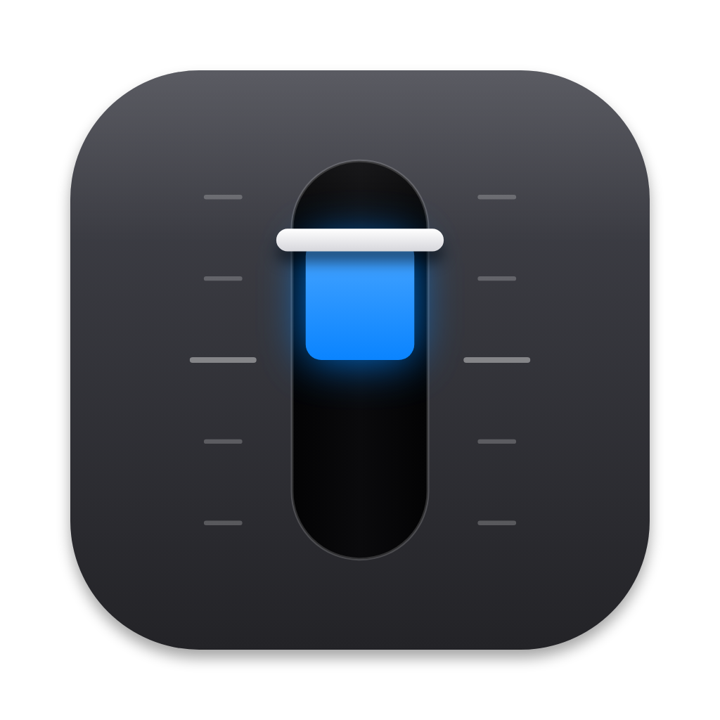 The Eque app icon: a single fader in a dark rounded square, blue fill with a white cap and faint tick marks either side