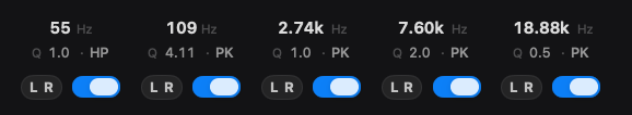 The band row, each band with its frequency, Q, type, L and R pills and on/off switch