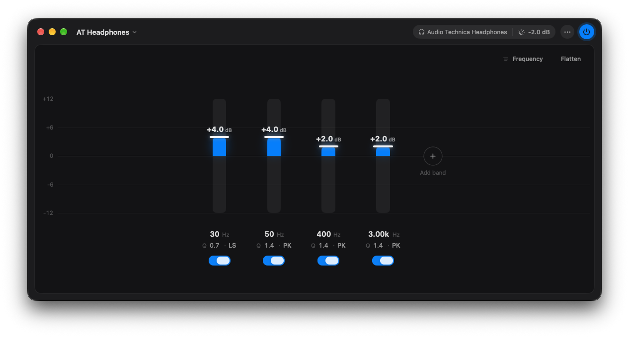 The equalizer window on a headphone output, with that output&rsquo;s own curve and tag