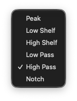 A band&rsquo;s filter-type menu open