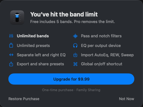 The Eque Pro sheet listing what Pro adds, with the purchase and Restore Purchase buttons